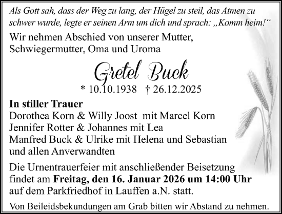 Traueranzeige von Gretel Buck von GESAMT