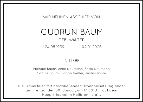 Traueranzeige von Gudrun Baum von GESAMT