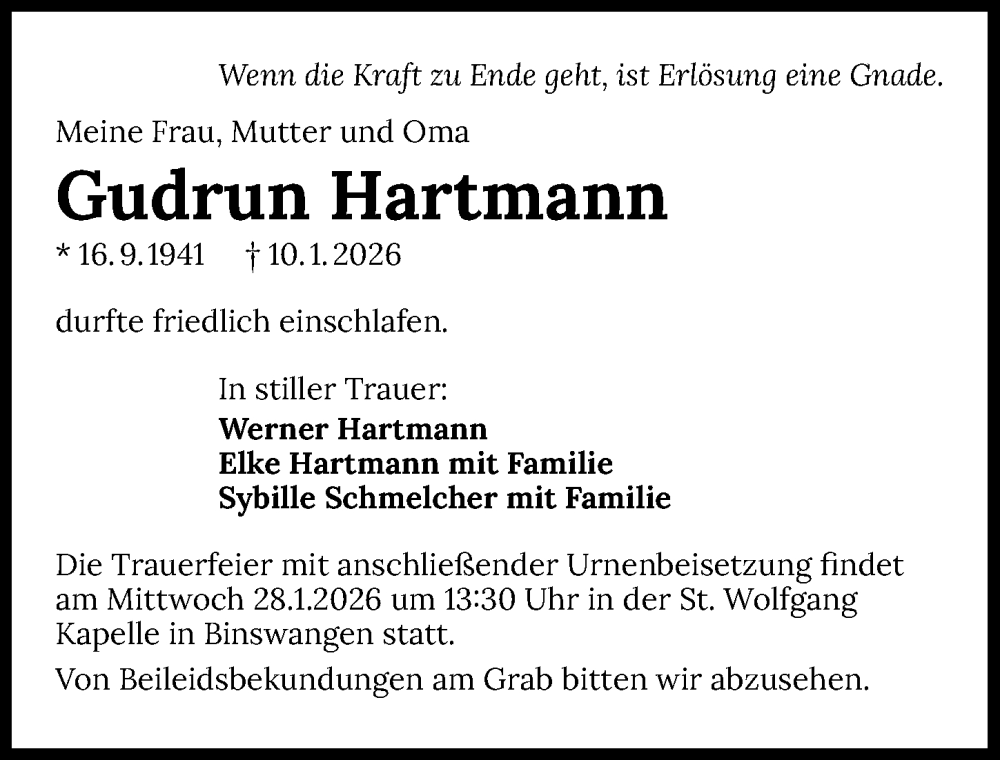  Traueranzeige für Gudrun Hartmann vom 24.01.2026 aus GESAMT