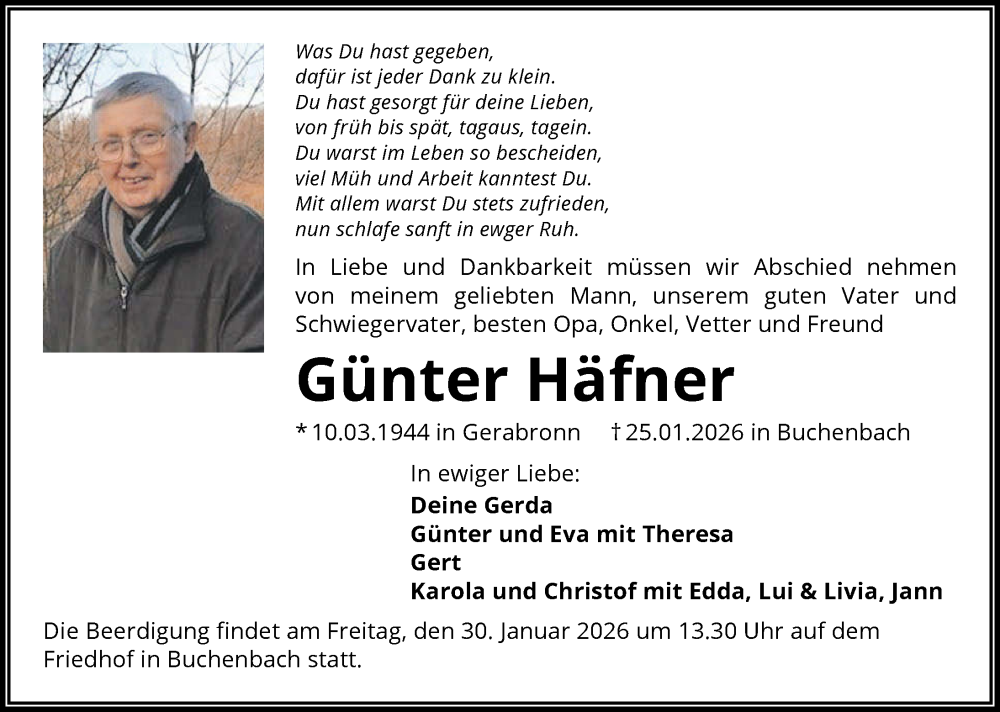  Traueranzeige für Günter Häfner vom 28.01.2026 aus GESAMT