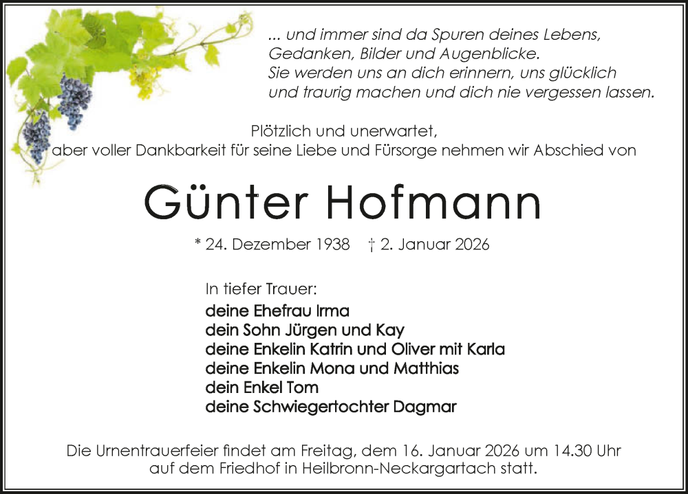  Traueranzeige für Günter Hofmann vom 10.01.2026 aus GESAMT