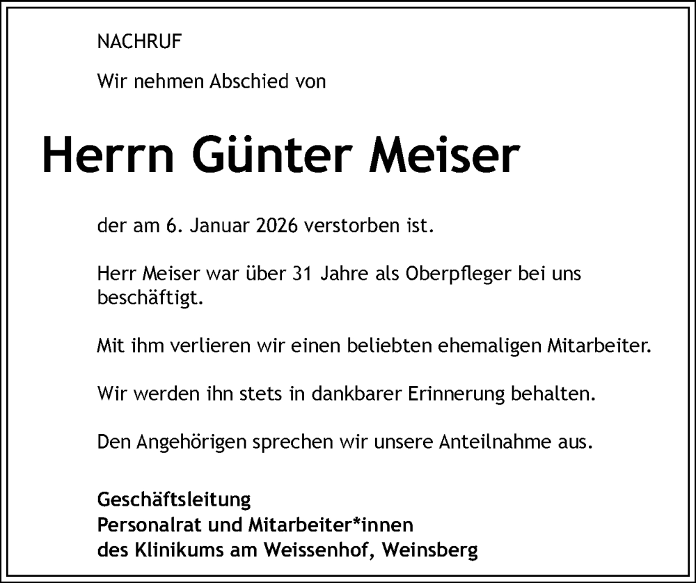  Traueranzeige für Günter Meiser vom 21.01.2026 aus GESAMT