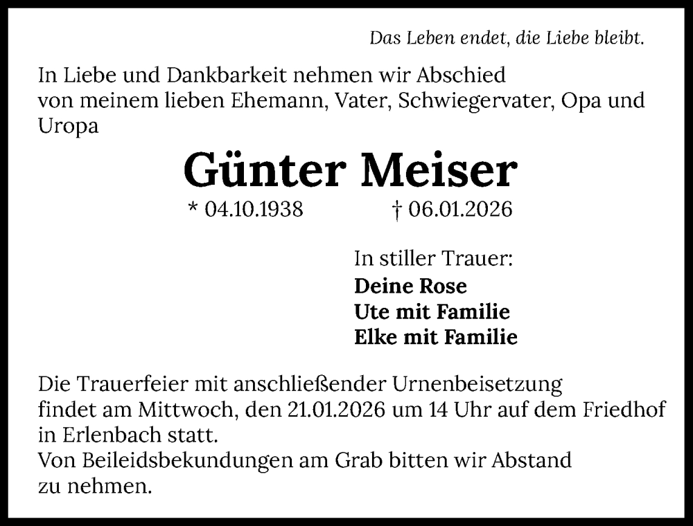  Traueranzeige für Günter Meiser vom 19.01.2026 aus GESAMT