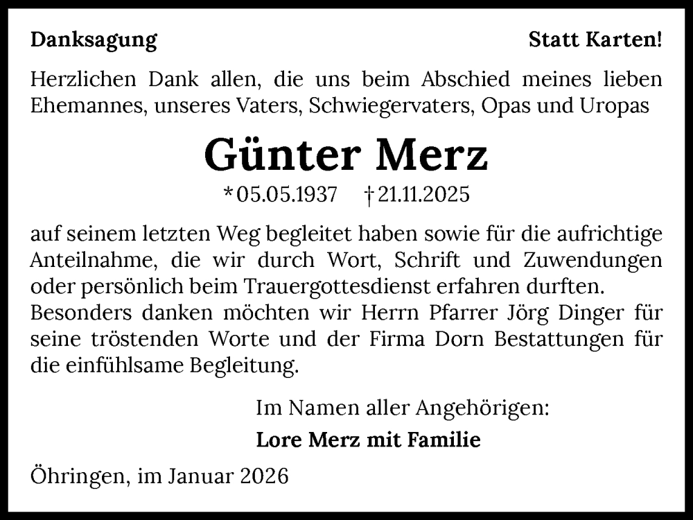  Traueranzeige für Günter Merz vom 10.01.2026 aus GESAMT