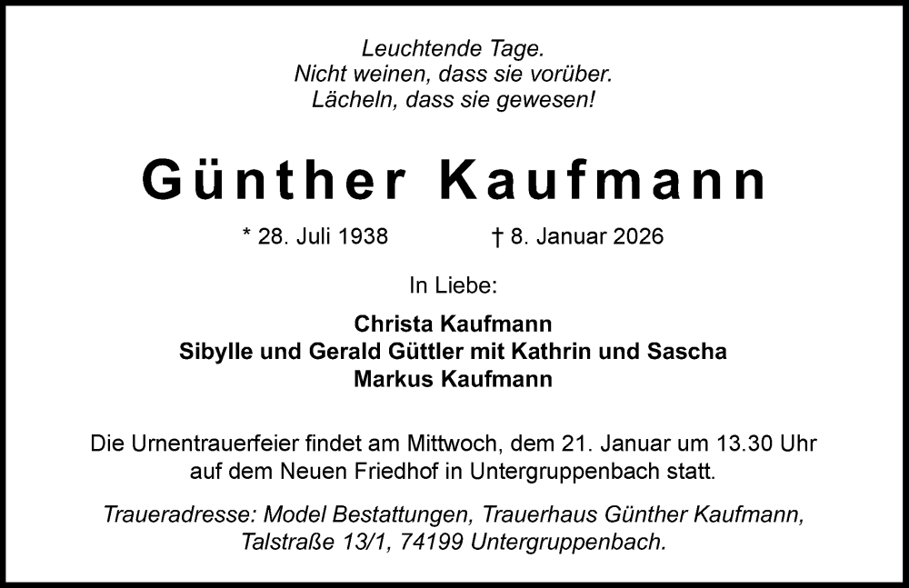  Traueranzeige für Günther Kaufmann vom 17.01.2026 aus GESAMT