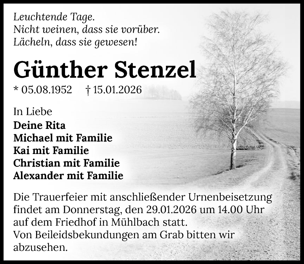  Traueranzeige für Günther Stenzel vom 24.01.2026 aus GESAMT