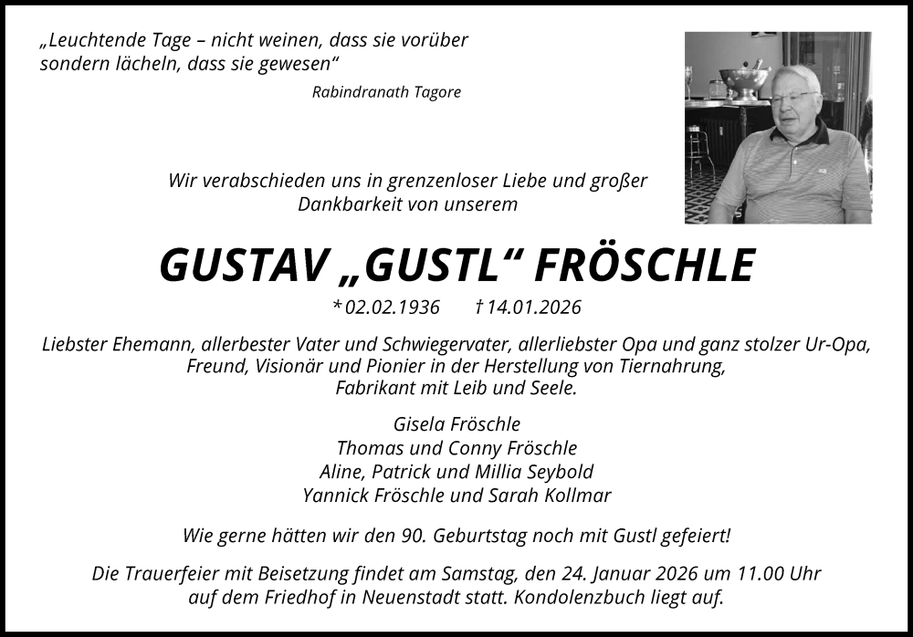  Traueranzeige für Gustav Fröschle vom 17.01.2026 aus GESAMT