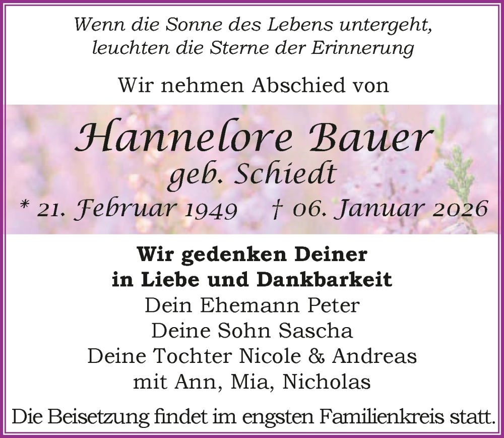  Traueranzeige für Hannelore Bauer vom 10.01.2026 aus GESAMT