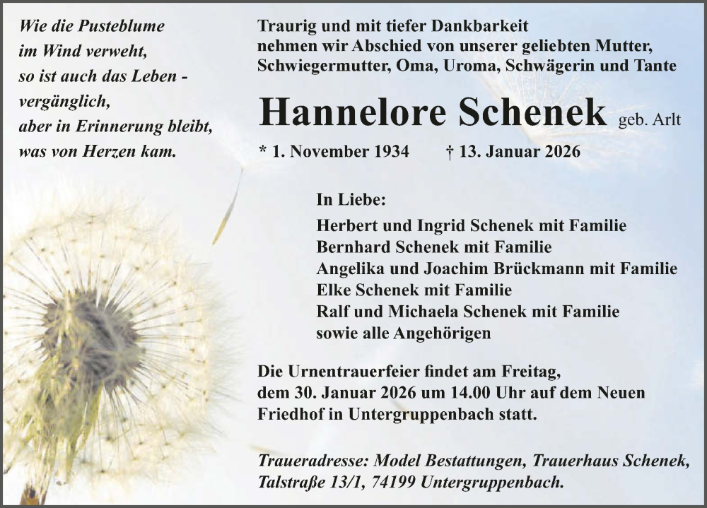  Traueranzeige für Hannelore Schenek vom 24.01.2026 aus GESAMT
