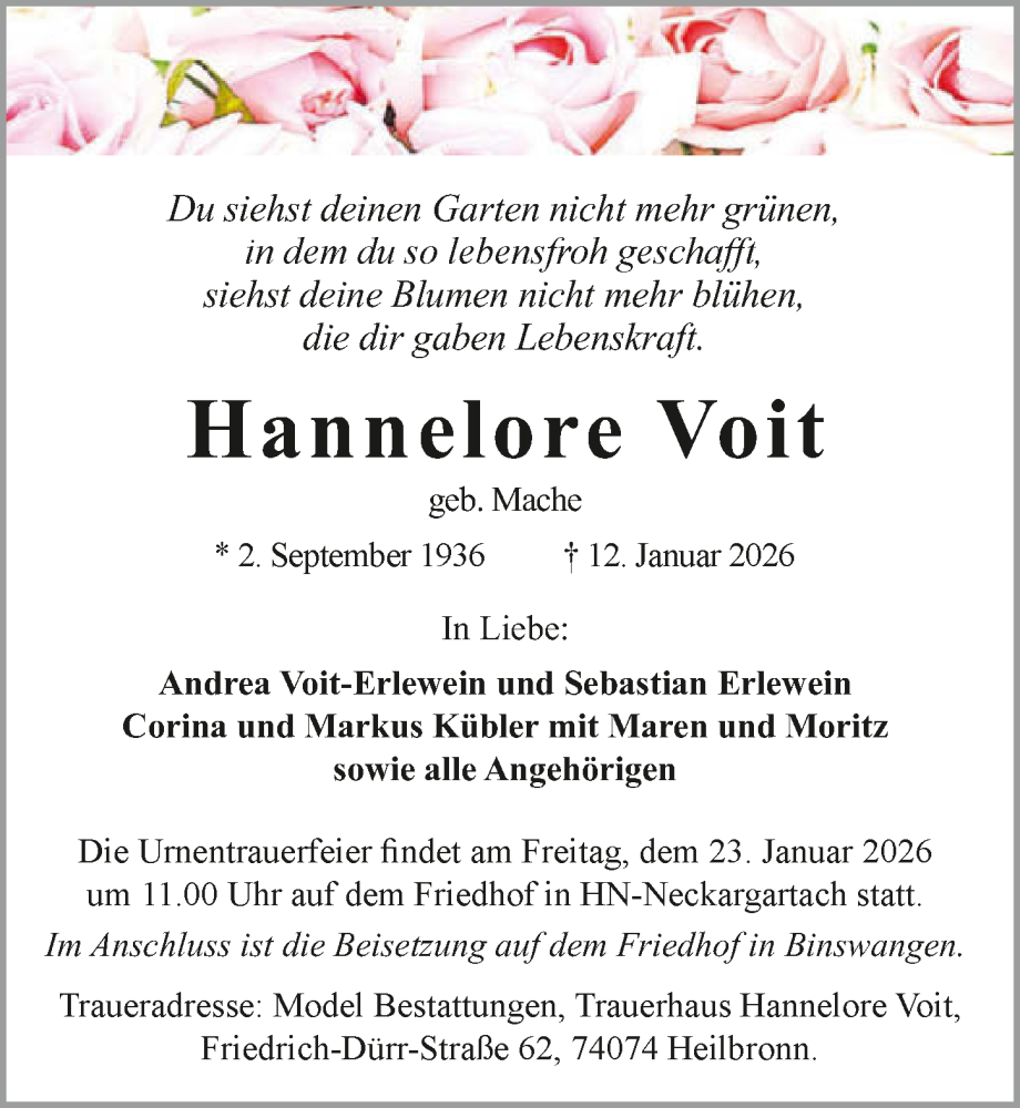 Traueranzeige für Hannelore Voit vom 17.01.2026 aus GESAMT