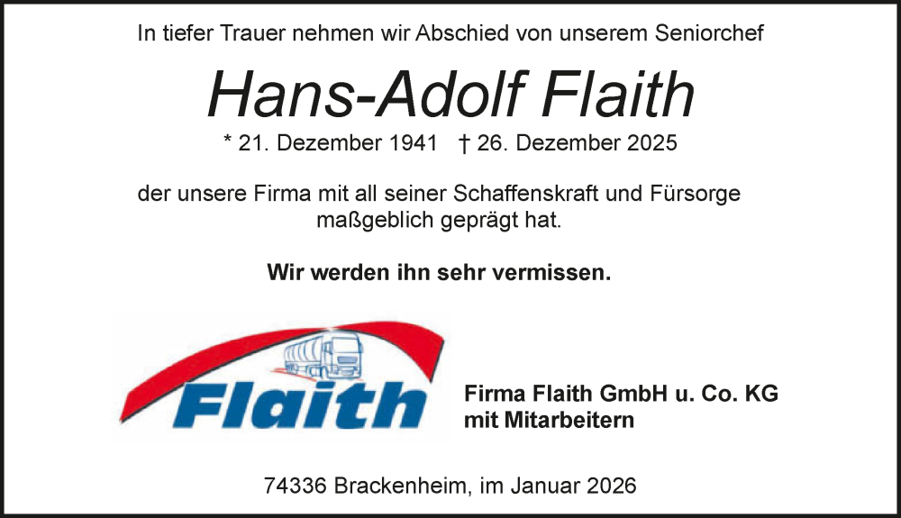  Traueranzeige für Hans-Adolf Flaith vom 10.01.2026 aus GESAMT