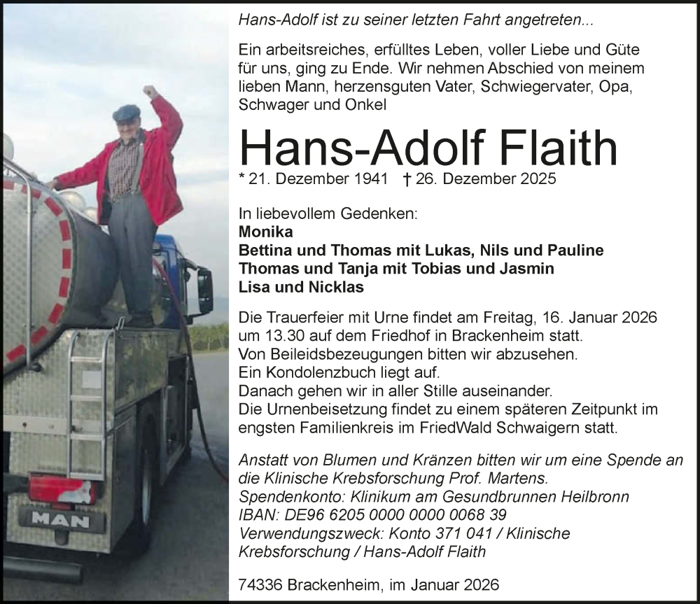  Traueranzeige für Hans-Adolf Flaith vom 10.01.2026 aus GESAMT