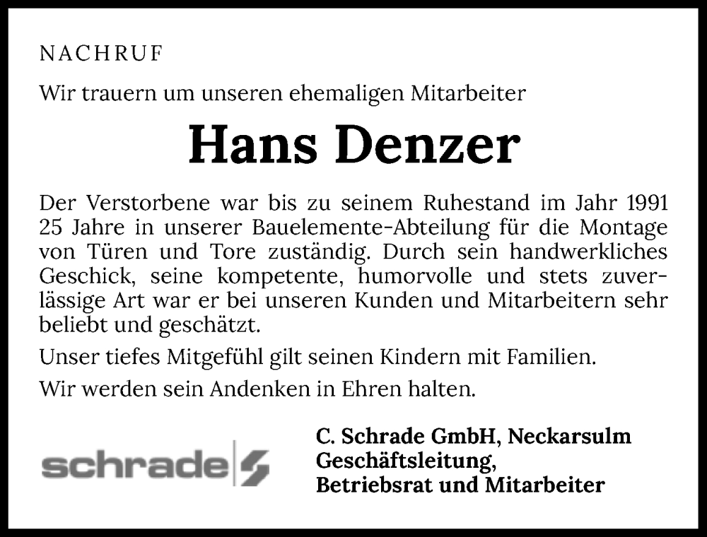  Traueranzeige für Hans Denzer vom 17.01.2026 aus GESAMT