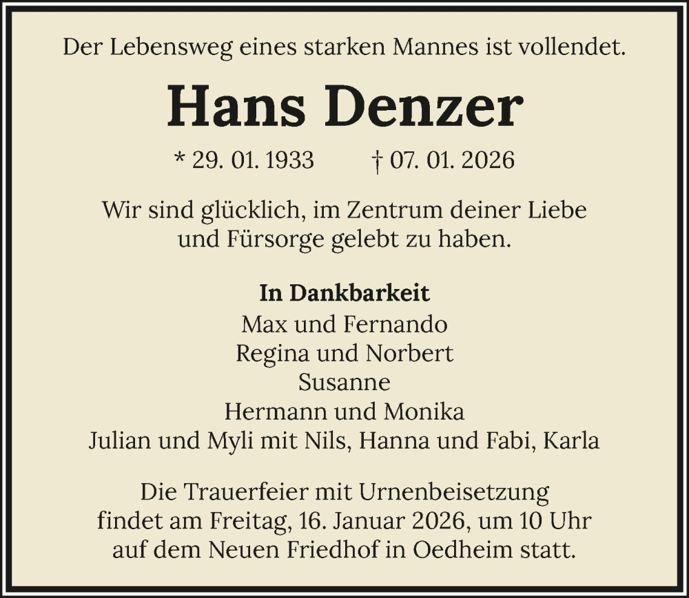  Traueranzeige für Hans Denzer vom 10.01.2026 aus GESAMT