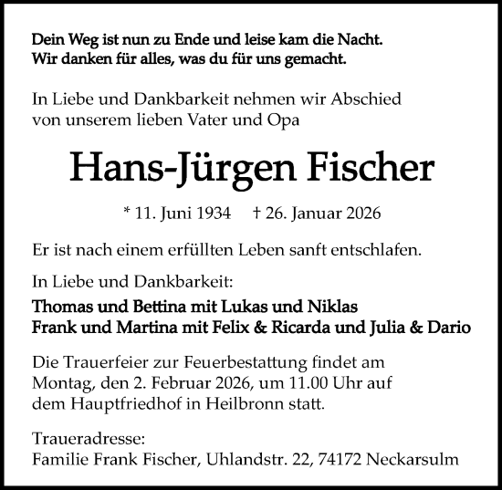 Traueranzeige von Hans-Jürgen Fischer von GESAMT