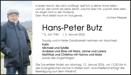 Traueranzeige von Hans-Peter Butz von GESAMT