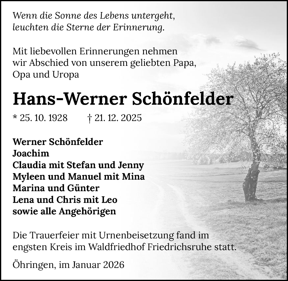  Traueranzeige für Hans-Werner Schönfelder vom 12.01.2026 aus GESAMT
