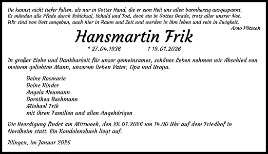 Traueranzeige von Hansmartin Frik von GESAMT