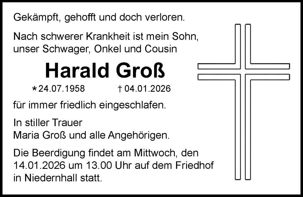  Traueranzeige für Harald Groß vom 10.01.2026 aus GESAMT