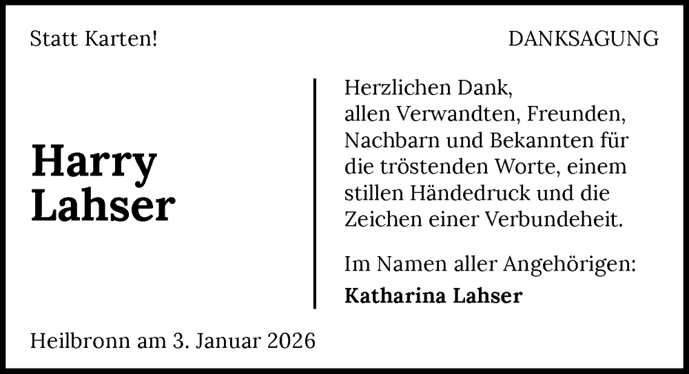  Traueranzeige für Harry Lahser vom 03.01.2026 aus GESAMT
