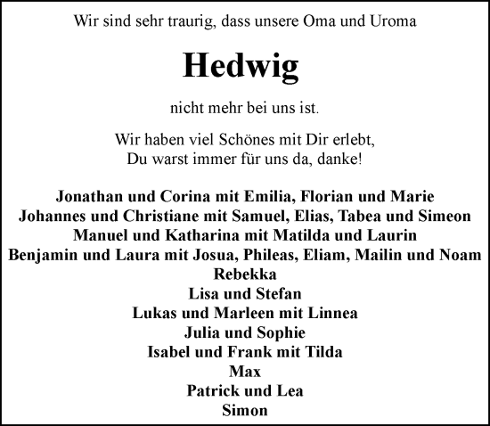 Traueranzeige von Hedwig Rommel von GESAMT