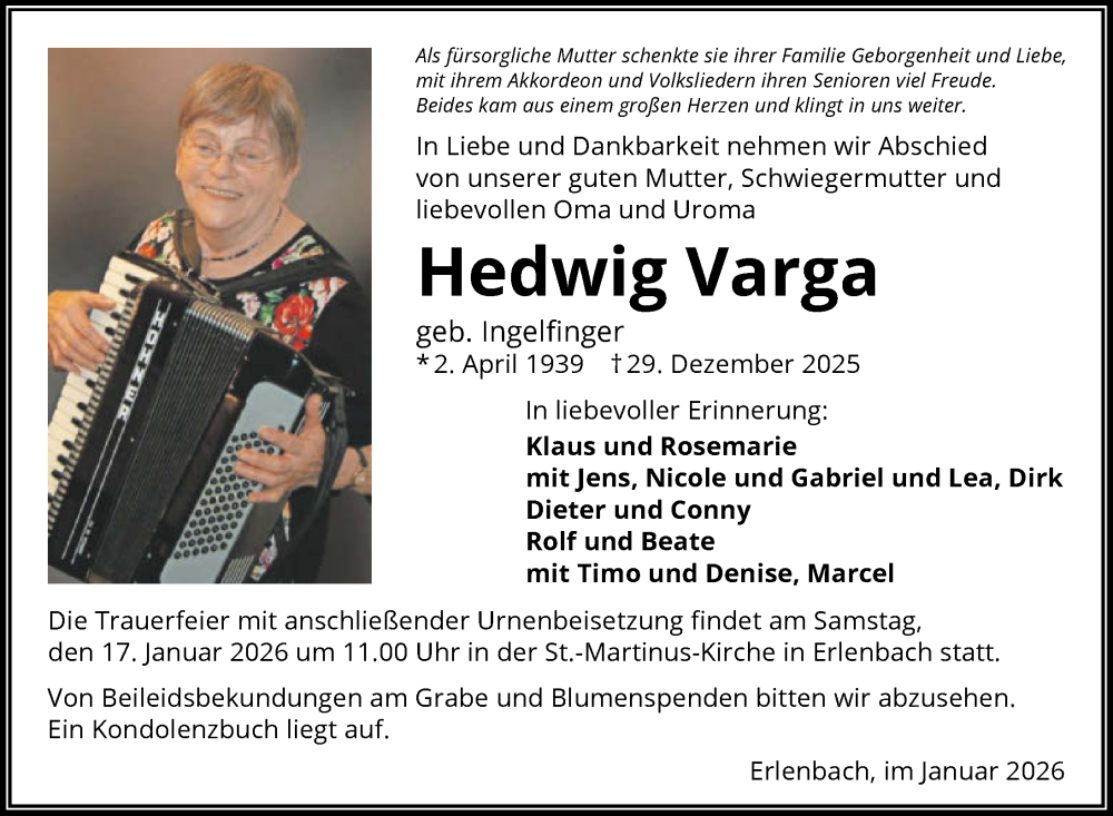  Traueranzeige für Hedwig Varga vom 14.01.2026 aus GESAMT