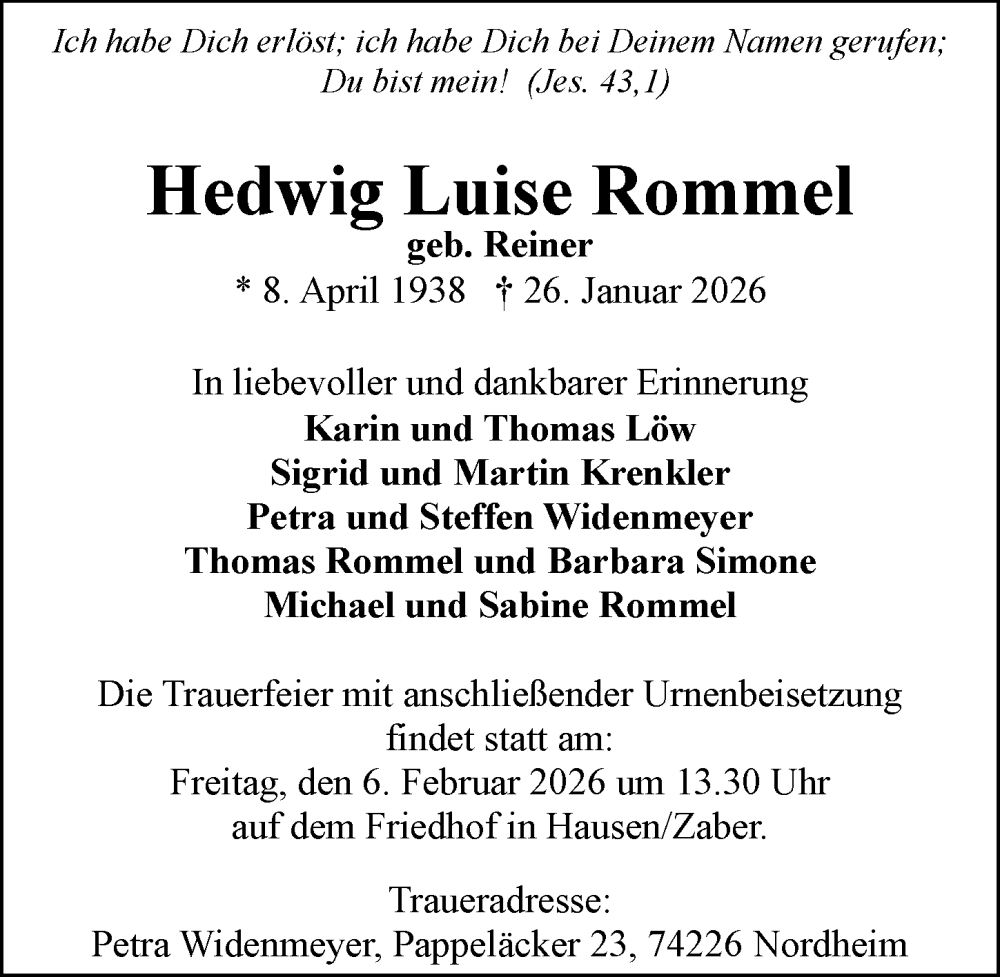  Traueranzeige für Hedwig Luise Rommel vom 31.01.2026 aus GESAMT