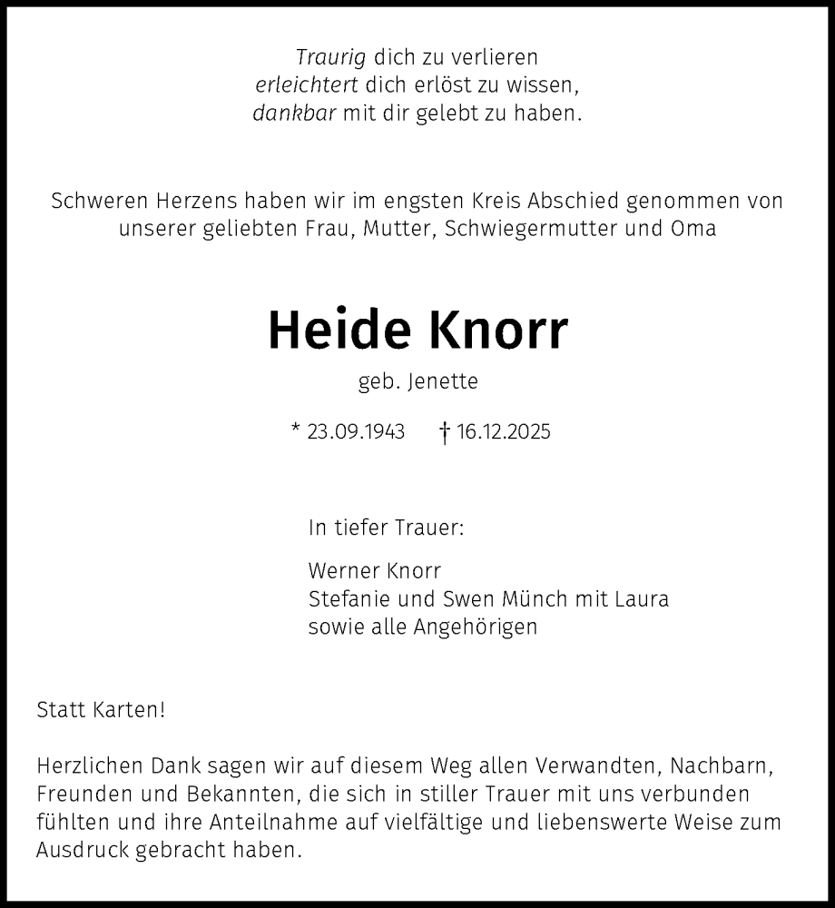  Traueranzeige für Heide Knorr vom 10.01.2026 aus GESAMT