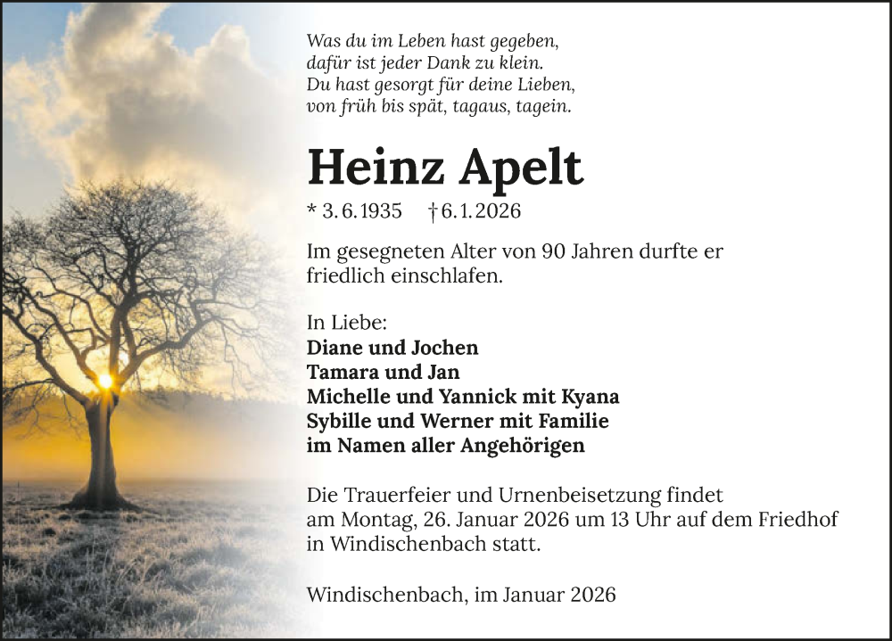 Traueranzeige für Heinz Apelt vom 21.01.2026 aus GESAMT