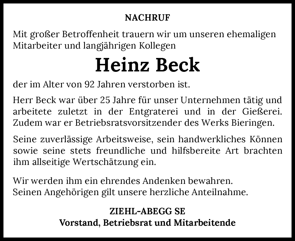  Traueranzeige für Heinz Beck vom 17.01.2026 aus GESAMT