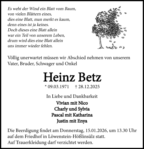 Traueranzeige von Heinz Betz von GESAMT