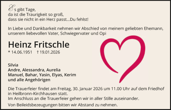 Traueranzeige von Heinz Fritschle von GESAMT