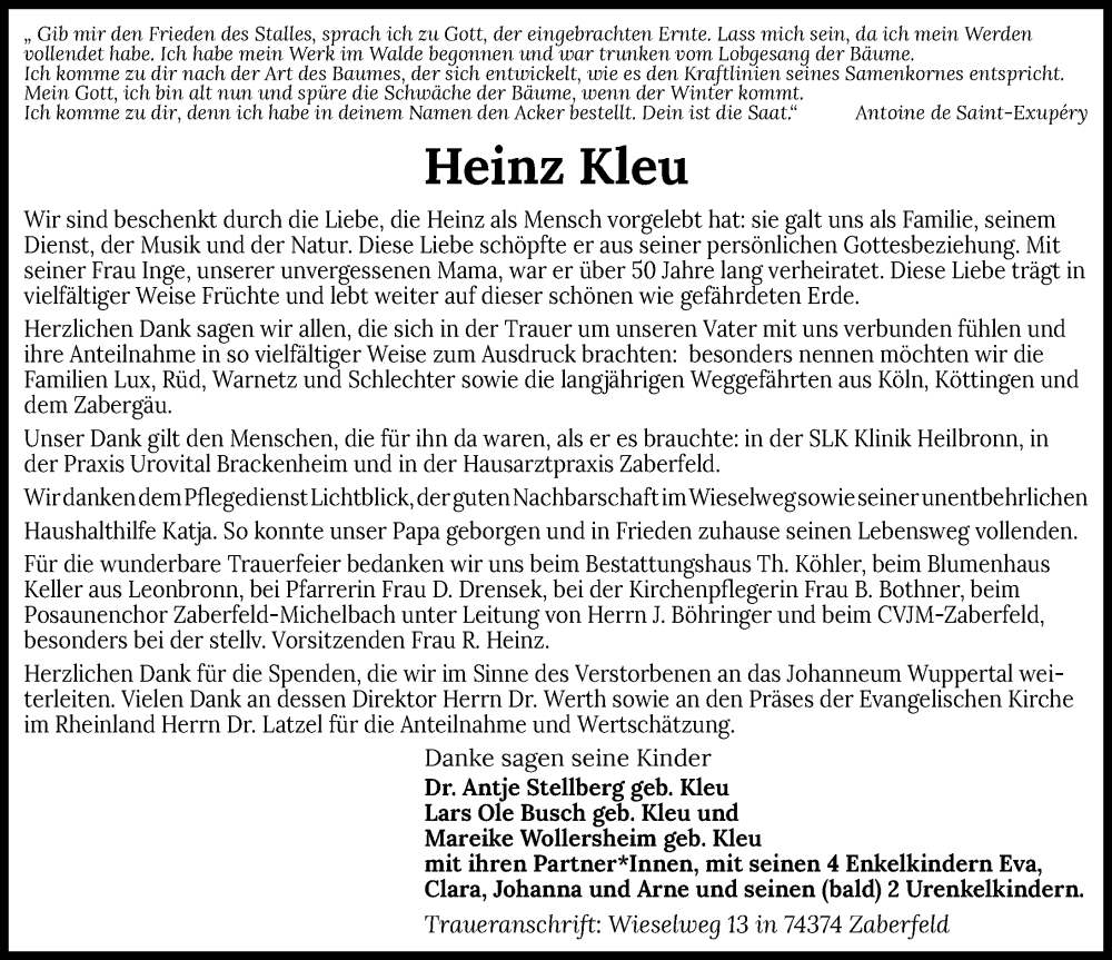  Traueranzeige für Heinz Kleu vom 24.01.2026 aus GESAMT