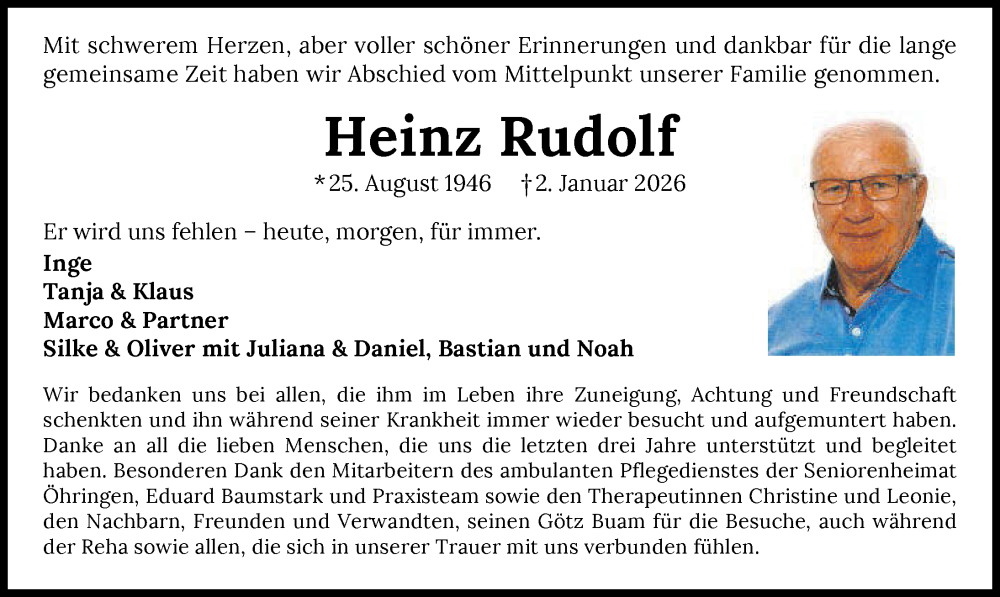  Traueranzeige für Heinz Rudolf vom 21.01.2026 aus GESAMT