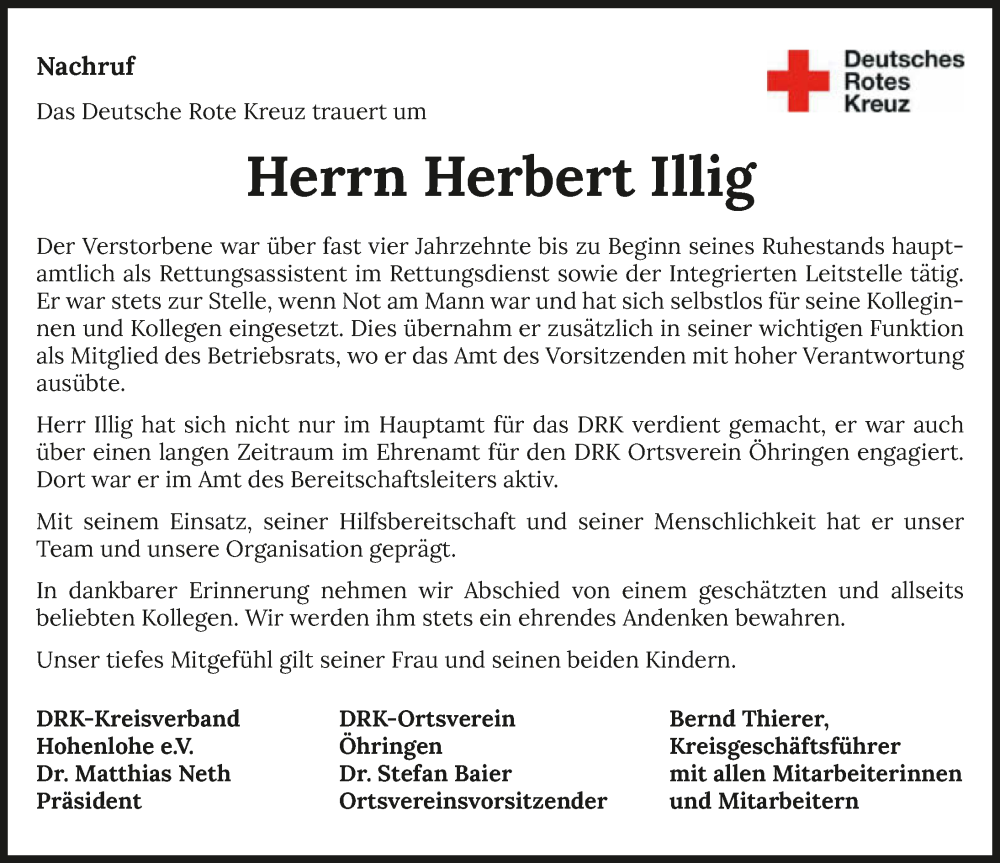  Traueranzeige für Herbert Illig vom 17.01.2026 aus GESAMT