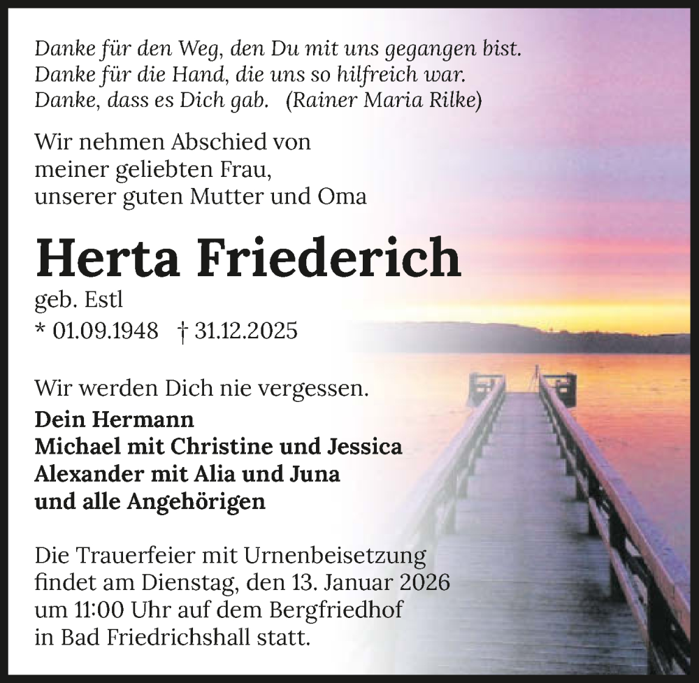  Traueranzeige für Herta Friederich vom 10.01.2026 aus GESAMT