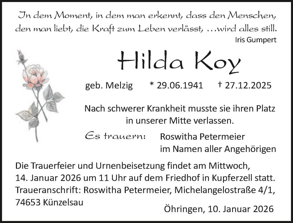  Traueranzeige für Hilda Koy vom 10.01.2026 aus GESAMT