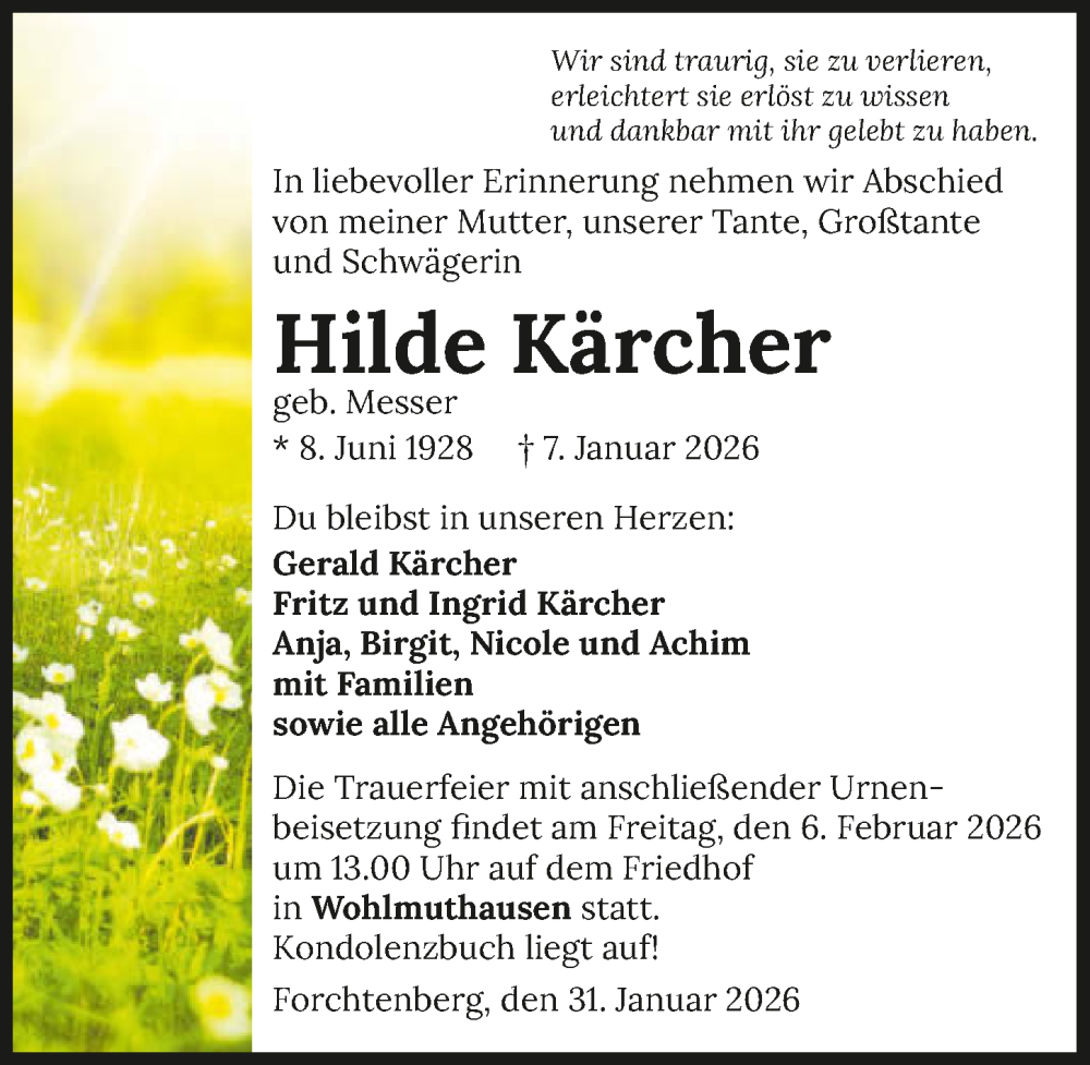  Traueranzeige für Hilde Kärcher vom 31.01.2026 aus GESAMT