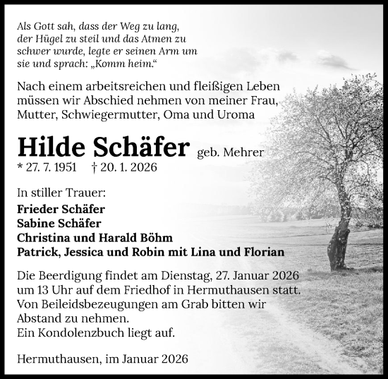 Traueranzeige von Hilde Schäfer von GESAMT