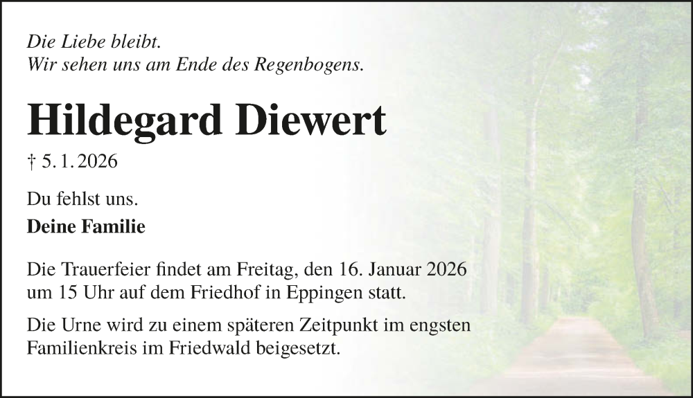  Traueranzeige für Hildegard Diewert vom 10.01.2026 aus GESAMT