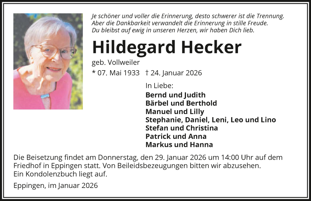  Traueranzeige für Hildegard Hecker vom 27.01.2026 aus GESAMT