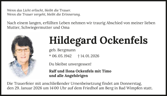 Traueranzeige von Hildegard Ockenfels von GESAMT