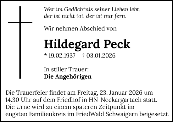 Traueranzeige von Hildegard Peck von GESAMT