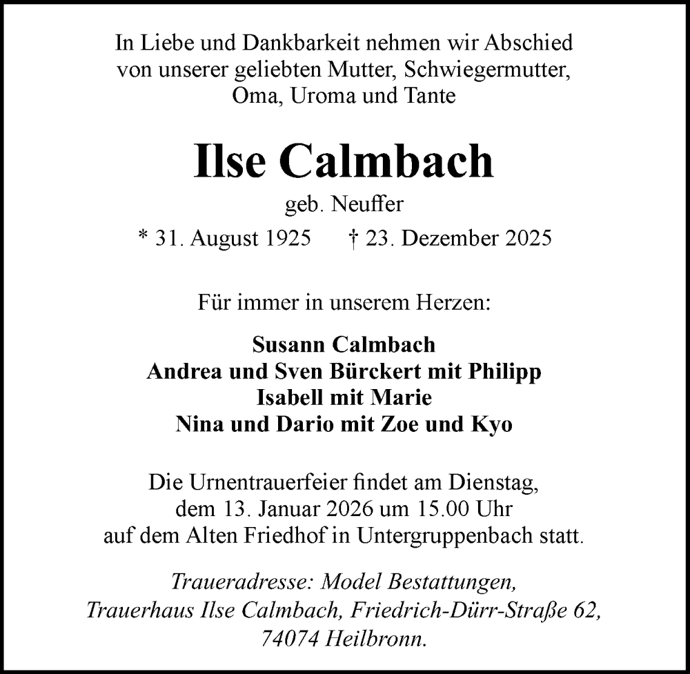  Traueranzeige für Ilse Calmbach vom 10.01.2026 aus GESAMT