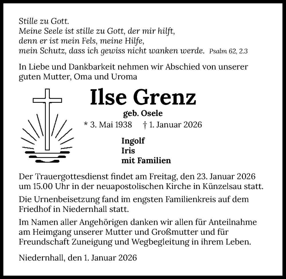  Traueranzeige für Ilse Grenz vom 17.01.2026 aus GESAMT