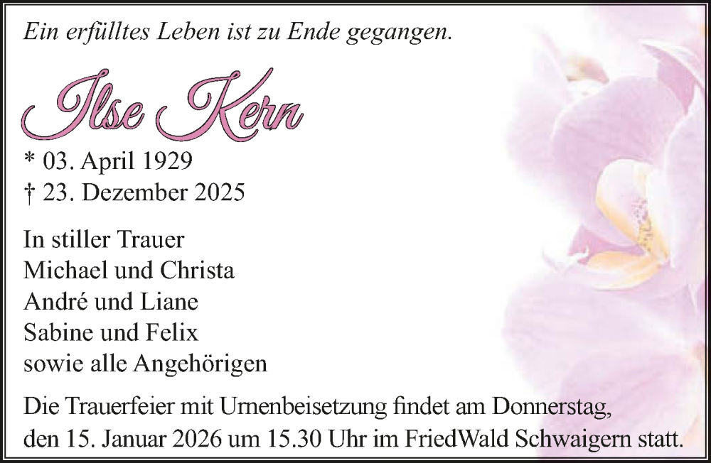  Traueranzeige für Ilse Kern vom 10.01.2026 aus GESAMT