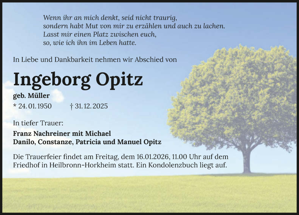  Traueranzeige für Ingeborg Opitz vom 10.01.2026 aus GESAMT