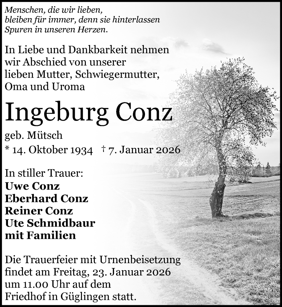  Traueranzeige für Ingeburg Conz vom 17.01.2026 aus GESAMT