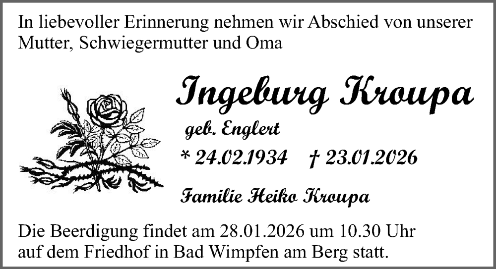  Traueranzeige für Ingeburg Kroupa vom 27.01.2026 aus GESAMT