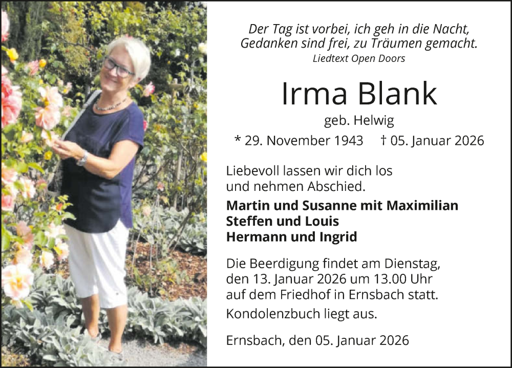  Traueranzeige für Irma Blank vom 10.01.2026 aus GESAMT